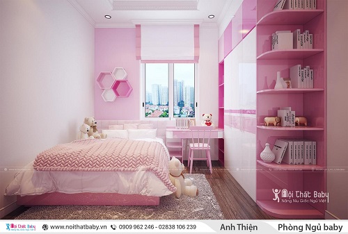 Phòng ngủ bé gái màu hồng dễ thương và xinh xắn.